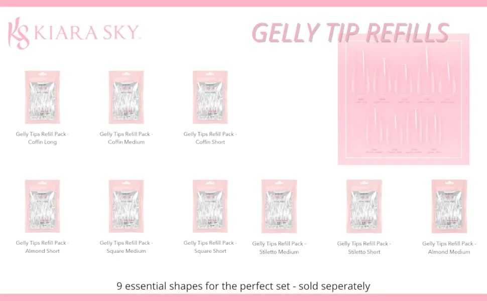 Kiara Sky Gelly Tip Soak Off Nails Refill Packs - Square Shape (Medium Length) (Sizes 6 7 8 9) - Gelly Tip refills