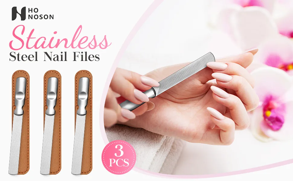 3 Pieces Stainless Steel Metal Nail File with Leather Case Heavy Duty Double Sided Nail Files Manicure Set with Leather Sheath (Brown) - product information 1