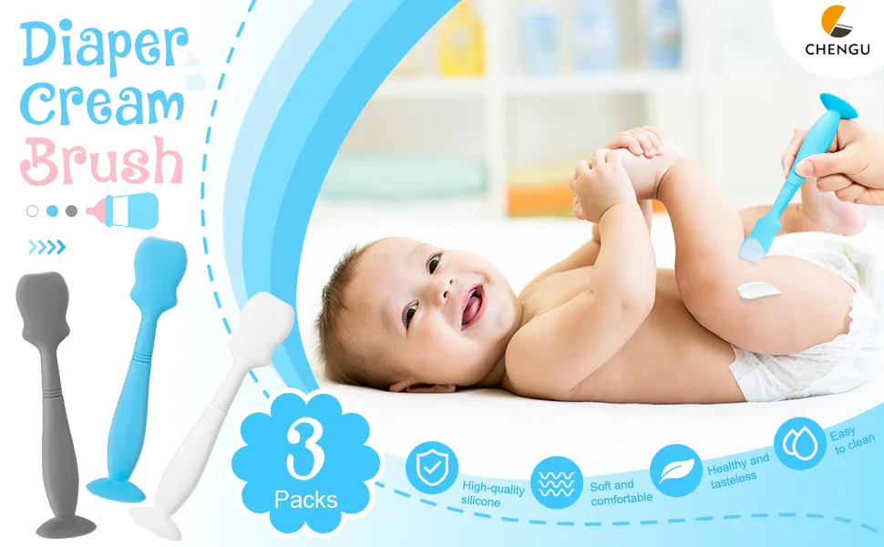 3 Pack Baby Diaper Cream Spatula Applicator Soft Silicone Baby Butt Paste Spatula Diaper Rash Cream Brush for Baby Newborn (Blue Gray White) - product information 1