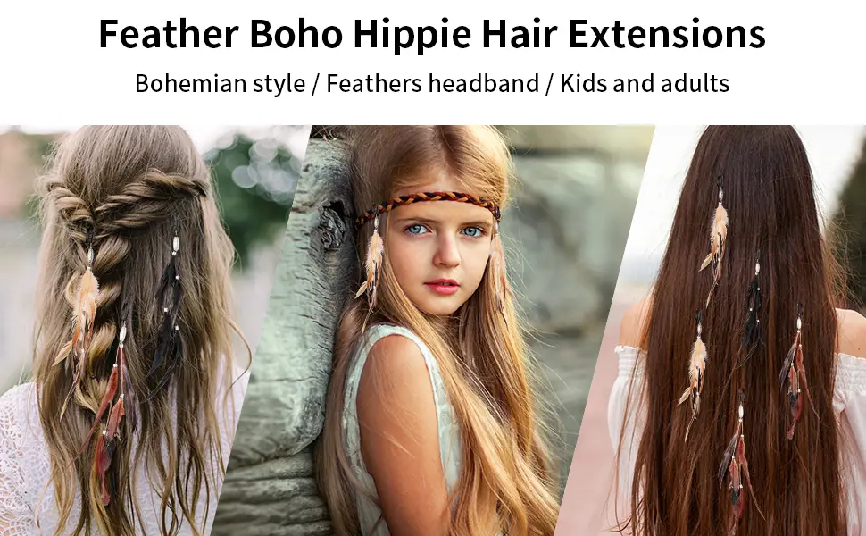RONRONS 6 Pack Handmade Boho Hippie Hair Extensions with Feather Clip Comb Headdress DIY Accessories for Women (Brown Black Khaki) - product information 1