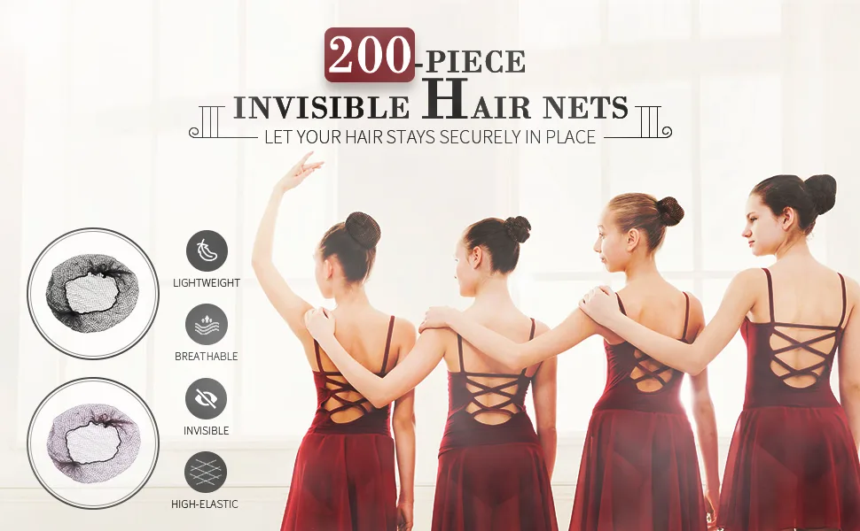200 Pack Hair Nets Invisible Elastic Edge Mesh Lightweight Regular 20 Inches Size with 1/4 Inches Opening Nylon Invisible Hairnet (Black) - product information 2