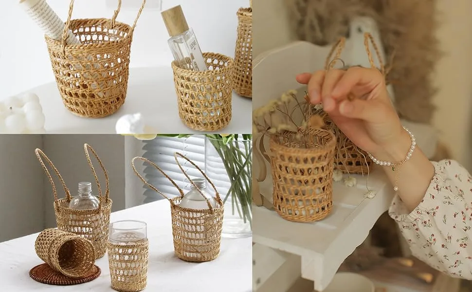 Garneck 3pcs Cup Sleeve Straw Woven Cup Cover Holders Drinks Sleeve Holder Tumbler Insulator Sleeves for Hot Iced Beverages - chagnjing