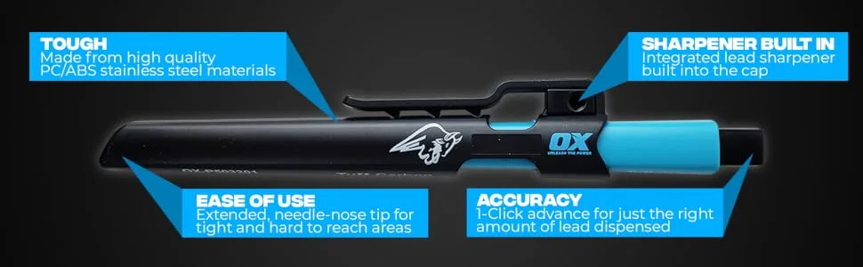 OX Tools Pro Tuff Carbon Marking Pencil Value Pack | 4 Leads Included & Pencil Holder with Sharpener | Construction Carpenter Pencil | Refillable Pencil |OX-P503210 Pencil Value Pack - Tough. Sharpener built in. Ease of use. Accuracy.