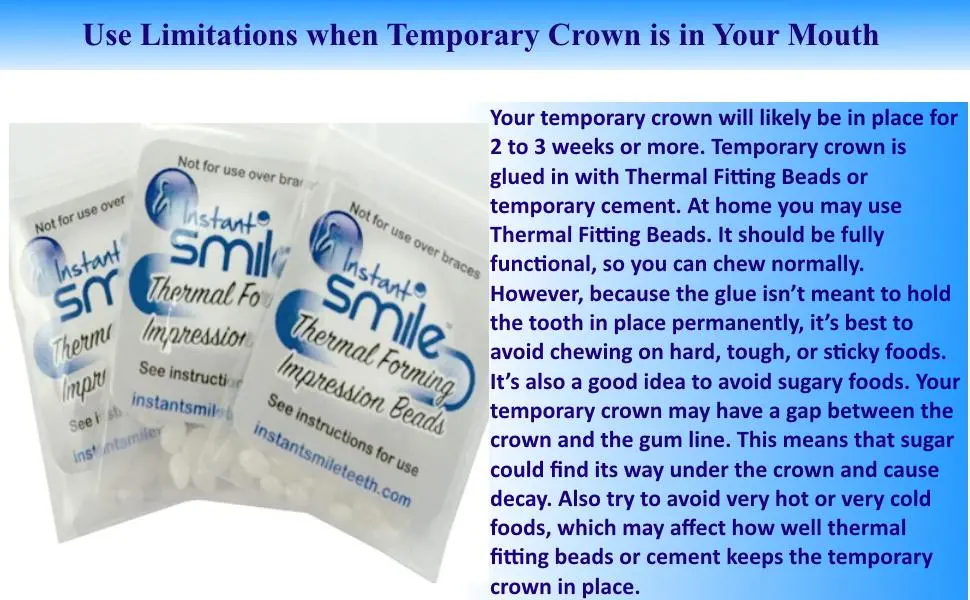 50 PCS Mixed Dental Temporary Crown Kit Anterior Front Bundle with Thermal Fitting Beads Pack-3 Fix Missing and Broken Teeth - use limitations when using temporary crowns