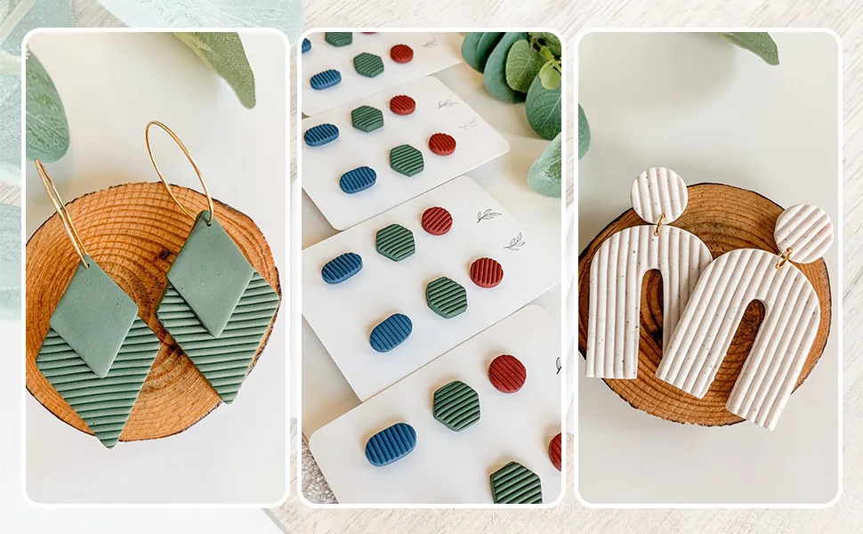 Keoker Clay Texture Roller Pottery Stamps for Polymer Clay Earrings Jewelry 3 Embossing Pottery Texture Rollers twig Rollers (Leaf Flower Square) (3 Sample Pack) - clay texture roller