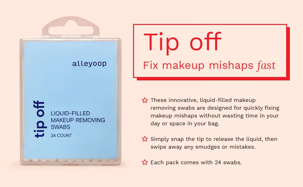 Alleyoop Tip Off Liquid-Filled Makeup Removing Swabs - 3-Pack x 24 Count - Easy-To-Use and Space Saving - Aloe Vera Calms and Soothes the Skin - Alleyoop Tip Off Liquid-Filled Makeup Removing Swabs
