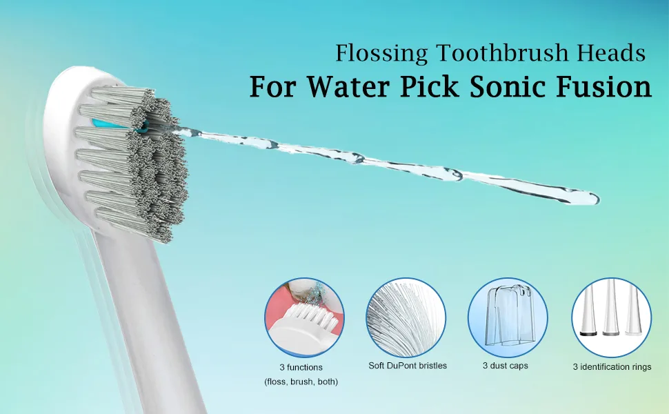 Replacement Flossing Toothbrush Heads for Water Pick SF-01 / SF-02 / SF-03 / SF-04 with Crystal Cap- Compact - 3 Count - White - product information 1