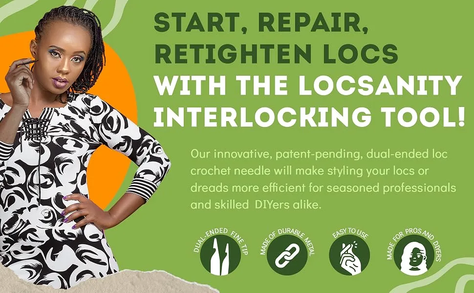 Locsanity Interlocking Tool for Locs - Dual-Ended Metal Dreadlock Crochet Needle - Sisterlock Retightening Tool Loc Maintenance - Hair Styling Dreads Microlocks Small/Medium Locs Double Pack - Locsanity interlocking tool
