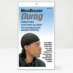 Wavebuilder Durag with Long Tails Black 3-Pack Best for Waves - Durag