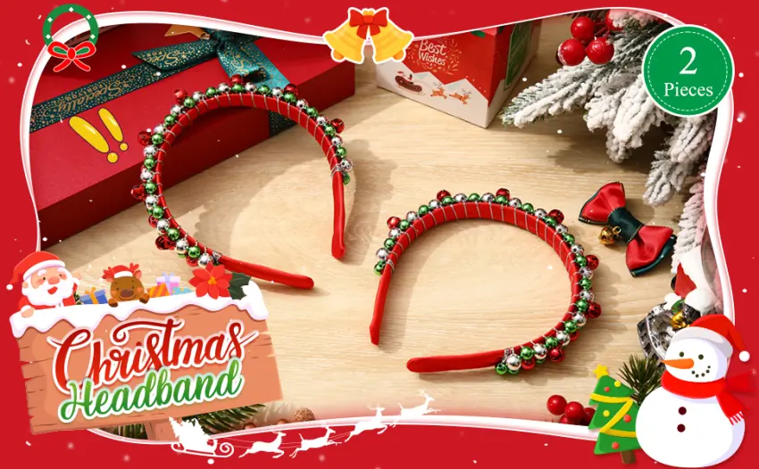 2 Pack Christmas Headband Red Green Silver Tone Christmas Holiday Bells Headbands for Women - product information 1