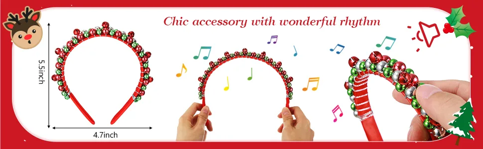 2 Pack Christmas Headband Red Green Silver Tone Christmas Holiday Bells Headbands for Women - product information 2