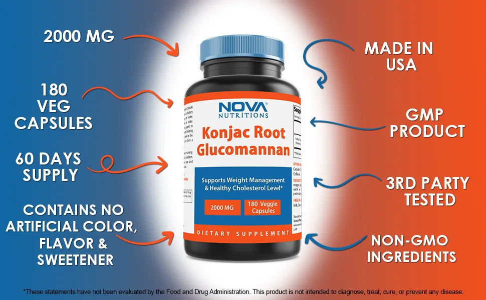 Nova Nutritions Konjac Root Glucomannan Capsules 2000 mg/Serving Veggie Caps - Promotes Regularity Digestive Health & Healthy Weight Management 180 Count - Konjac Capsules