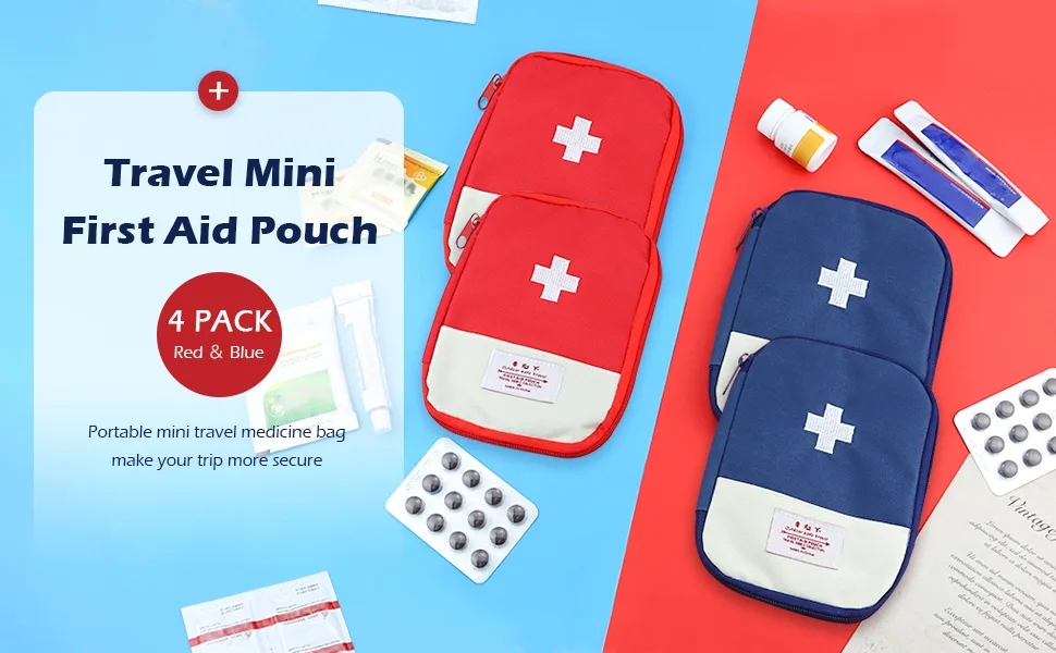 LEEFONE 4 Pack 7 x 5 Travel Mini First Aid Pouch Portable Outdoor First Aid Medical Bag Multi-function Emergency Medicine Storage Bag (Red & Blue) - Travel Mini First Aid Pouch