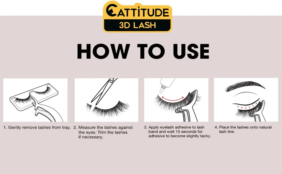 CATTITUDE 3D LASHES Edinburgh Countess Mink Cat 25mm False Eyelashes Ligthweight & Reusable - How to use