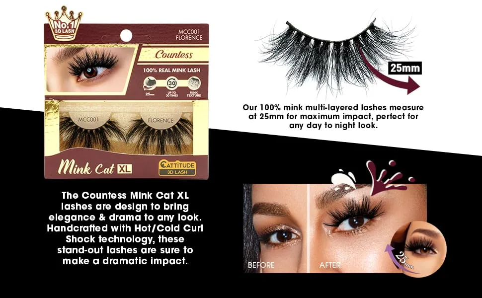 CATTITUDE 3D LASHES Edinburgh Countess Mink Cat 25mm False Eyelashes Ligthweight & Reusable - Our 100% Mink multi-layered lashes measure at 25mm for maximum impact. Perfect for day to night look