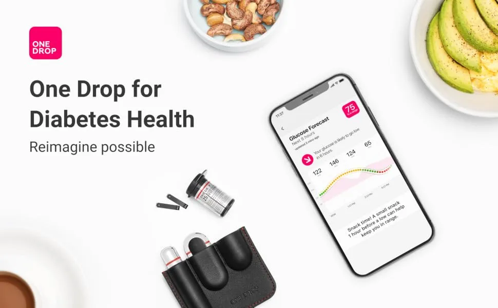 One Drop for Diabetes Starter Kit with Bluetooth-Enabled Glucose Meter 1 Lancing Device 33-Gauge Lancets (10 Count) Test Strips (25 Count) and 1 Carrying Case - one drop for diabetes health