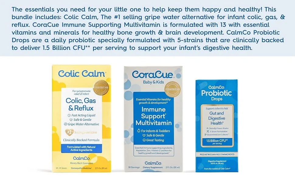 Colic Calm Homeopathic Gripe Water (2oz) CoraCue Immune Support Liquid Multivitamin (2oz) & CalmCo Infant & Child Probiotic Drops (0.54oz) Combo Pack - products