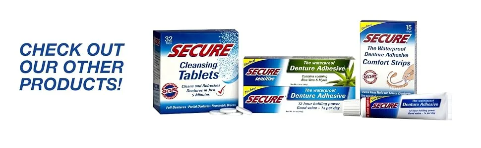 Secure Waterproof Denture Adhesive - Zinc Free - Extra Strong Hold for Upper Lower or Partials - 1.4 oz (Pack of 8) - Secure collection image