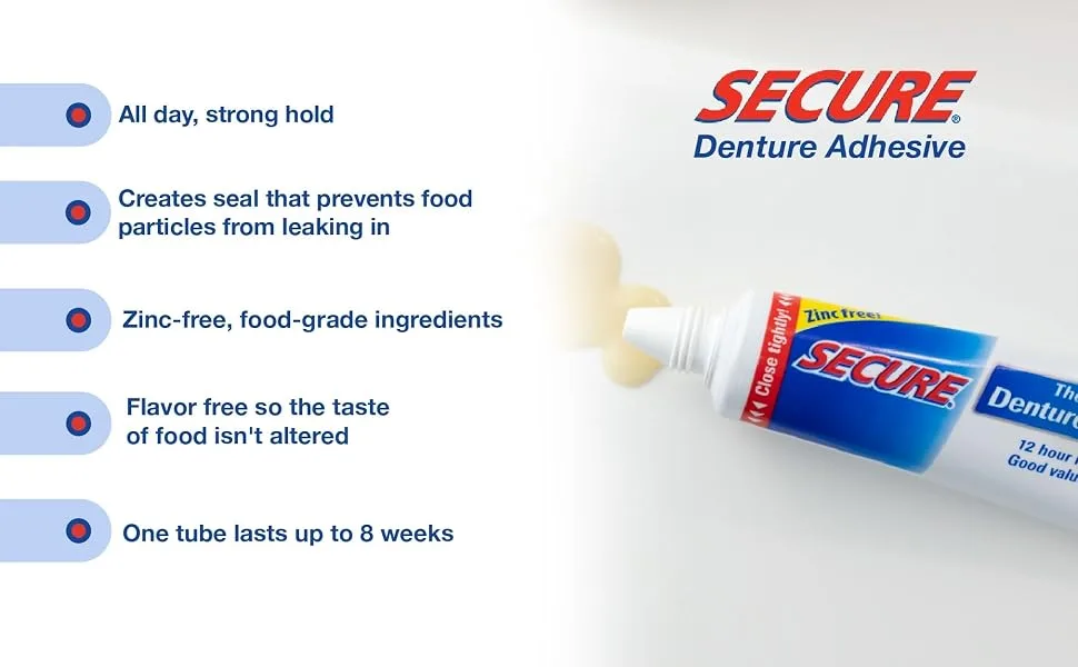 Secure Waterproof Denture Adhesive - Zinc Free - Extra Strong Hold for Upper Lower or Partials - 1.4 oz (Pack of 8) - Secure Denture Adhesive Features
