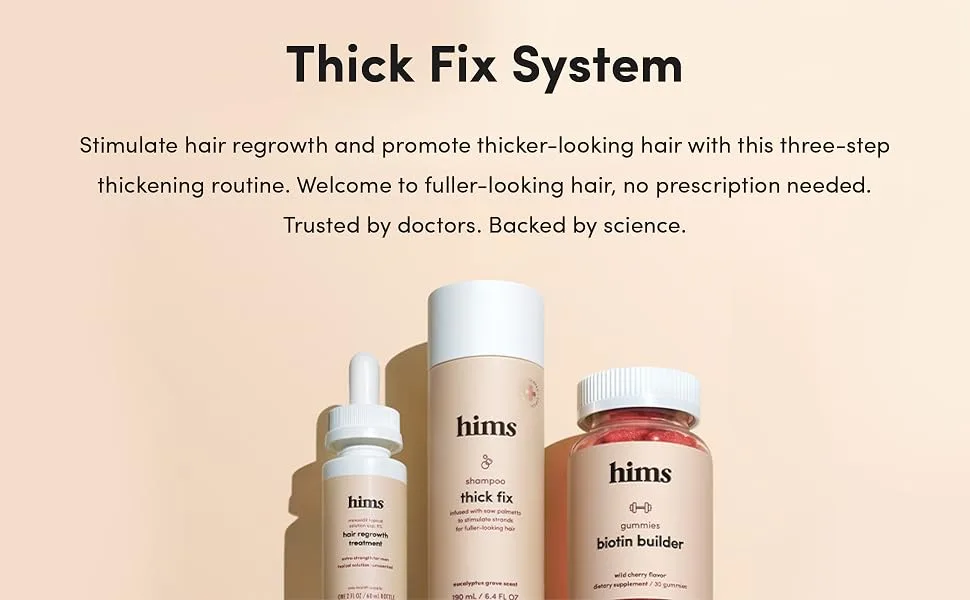hims thick fix system - Total Hair Package to Supports Hair Growth - Shampoo + Gummy Vitamins + Minoxidil 5% - hims