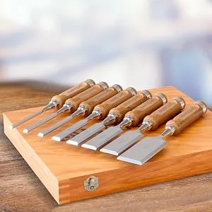WRKSHP Wood Chisel Set (8 pcs) with Premium Wooden Storage Case Sharpening Stone Honing Guide & Protective Caps - Wood Chisels for Woodworking - Chisel set