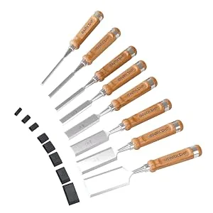 WRKSHP Wood Chisel Set (8 pcs) with Premium Wooden Storage Case Sharpening Stone Honing Guide & Protective Caps - Wood Chisels for Woodworking - Chisel set