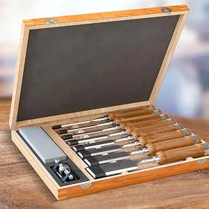 WRKSHP Wood Chisel Set (8 pcs) with Premium Wooden Storage Case Sharpening Stone Honing Guide & Protective Caps - Wood Chisels for Woodworking - Chisel Set