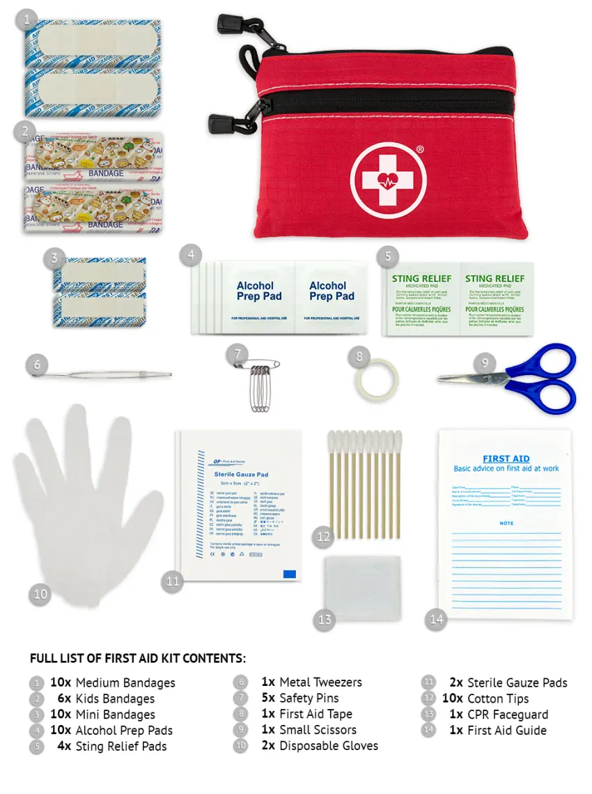 Swiss Safe Survival First Aid Kit Pocket Sized Poich Lightweight & Compact with Dual Zippers 64 Piece x 10 Pack - first aid kit contents