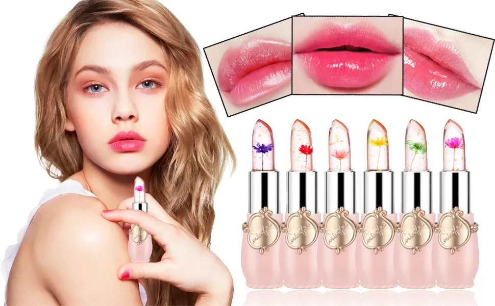 SuperThinker Crystal Jelly Flower Lipstick - Moisturizer Clear Lip Gloss Balm Color Changing with Temperature Mood Lipstick include Benefit Vitamin - Pack of 6 (Pink) - product information 1