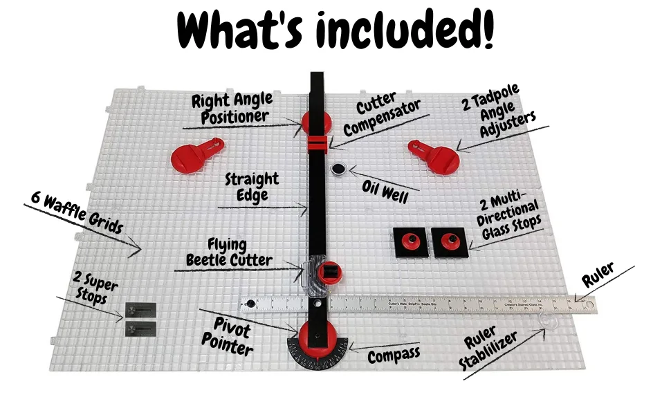 Creator's Ultra Beetle Bits Everything Glass Cutting System - Complete with 6-Pack Waffle Grids and Push Button Flying Beetle Glass Cutter Included - Made in The USA - Ultra Beetle Bits System Parts Designation