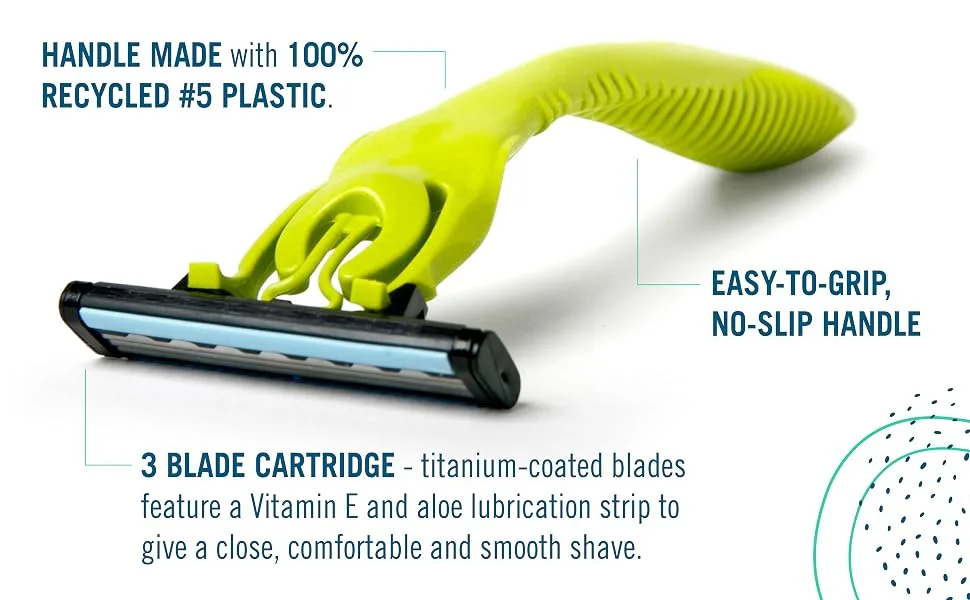 Preserve Shave 3 Replacement Cartridges for Preserve Shave 3 Razor 4 Count - Handle made with 100% recycled #5 plastic. Easy to grip handle. 3 blade cartridge.