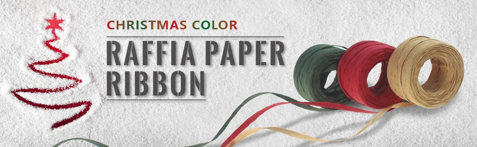 CREATRILL 3 Rolls Red Green Kraft 1/4 by 492 Feet Raffia Ribbon/String 164Feet Each Roll Packing Paper Twine for Christmas - Christmas
