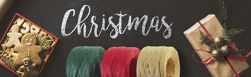 CREATRILL 3 Rolls Red Green Kraft 1/4 by 492 Feet Raffia Ribbon/String 164Feet Each Roll Packing Paper Twine for Christmas - Raffia ribbon