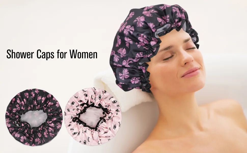 Arqumi 2 Pack Shower Cap Polyester Satin Shower Cap Waterproof Pattern Shower Cap Bath Cap with Elastic Band Pink+BK Pink+Black - waterproof Shower Cap Polyestic Satin shower cap silky shower cap elastic shower cap