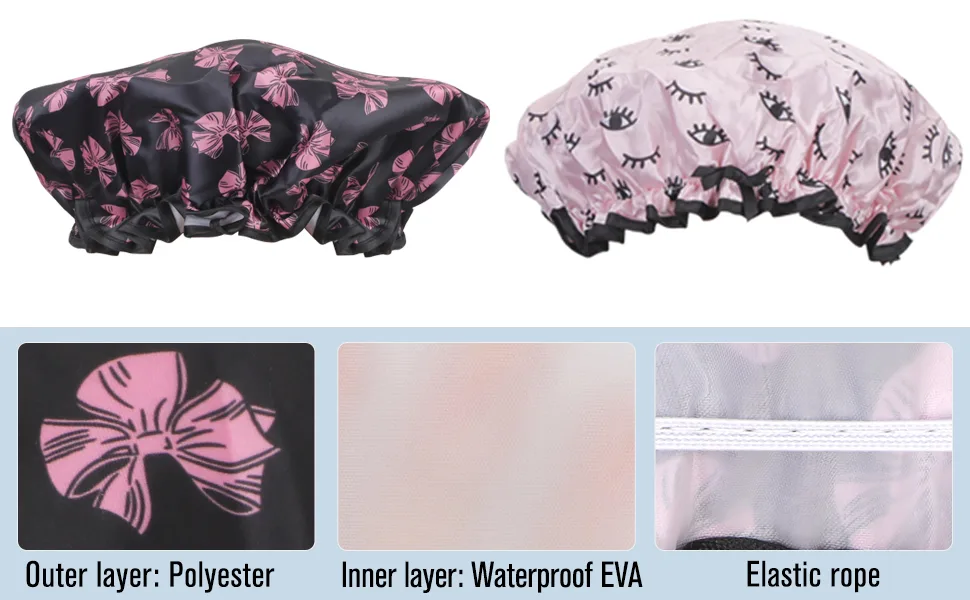 Arqumi 2 Pack Shower Cap Polyester Satin Shower Cap Waterproof Pattern Shower Cap Bath Cap with Elastic Band Pink+BK Pink+Black - waterproof Shower Cap Polyestic Satin shower cap silky shower cap elastic shower cap