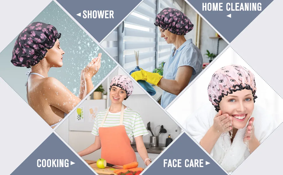 Arqumi 2 Pack Shower Cap Polyester Satin Shower Cap Waterproof Pattern Shower Cap Bath Cap with Elastic Band Pink+BK Pink+Black - waterproof Shower Cap Polyestic Satin shower cap silky shower cap elastic shower cap