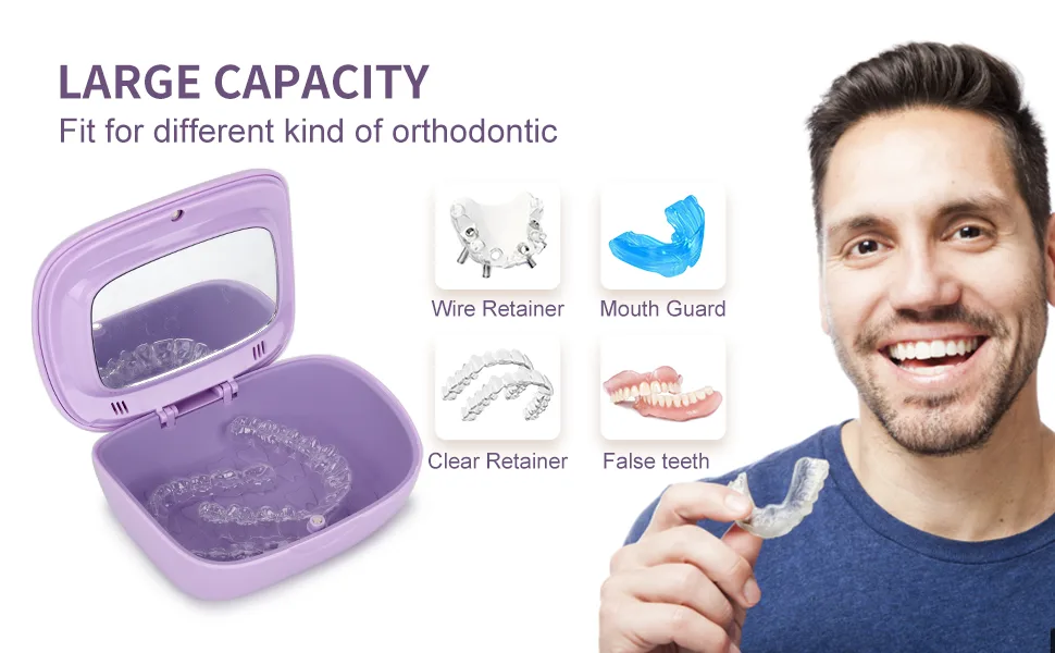 Denture Bath Box Cup With mirror Dental braces Kit Portable Retainer Case False Teeth Storage Box Holder With braces chewable tablets Braces removal tool and Cleaning brush(purple) - product information 1