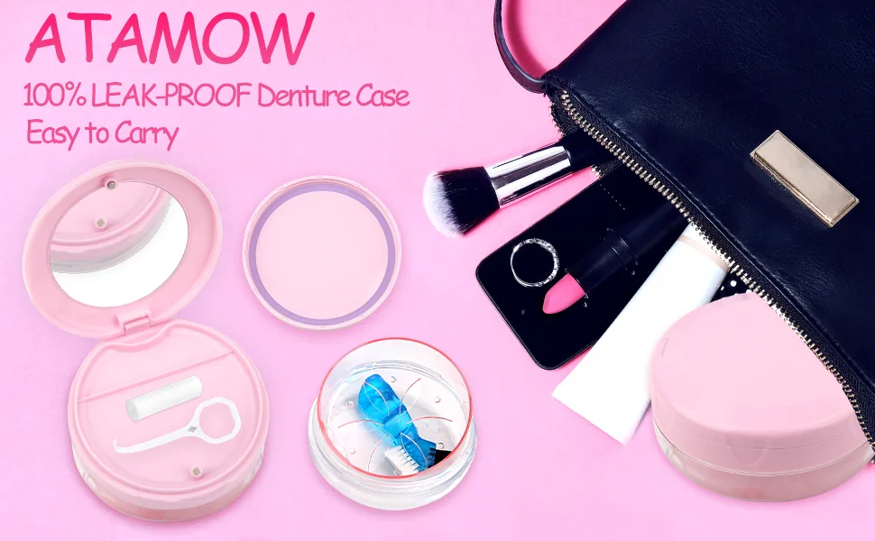 Denture Case Leak-Proof Denture Bath Box for Travel Double Layer Denture Cleaning Case Denture Cup with Strainer Basket Brush Removal Tool and Mirror (Pink) - Denture Case