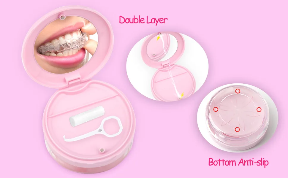 Denture Case Leak-Proof Denture Bath Box for Travel Double Layer Denture Cleaning Case Denture Cup with Strainer Basket Brush Removal Tool and Mirror (Pink) - Denture Case
