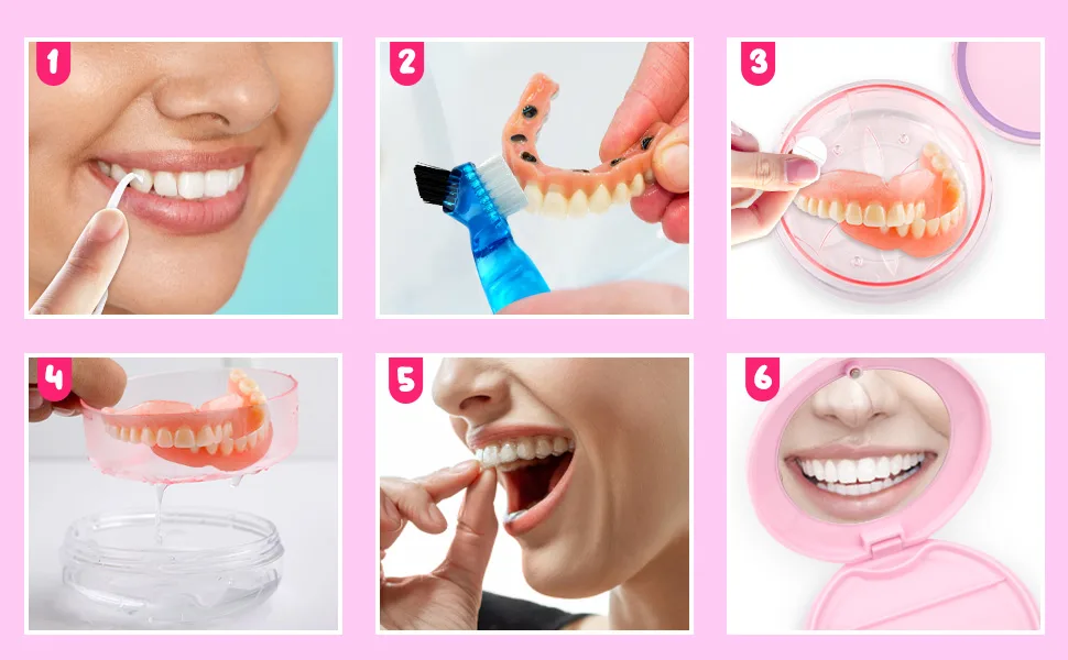 Denture Case Leak-Proof Denture Bath Box for Travel Double Layer Denture Cleaning Case Denture Cup with Strainer Basket Brush Removal Tool and Mirror (Pink) - Denture Case