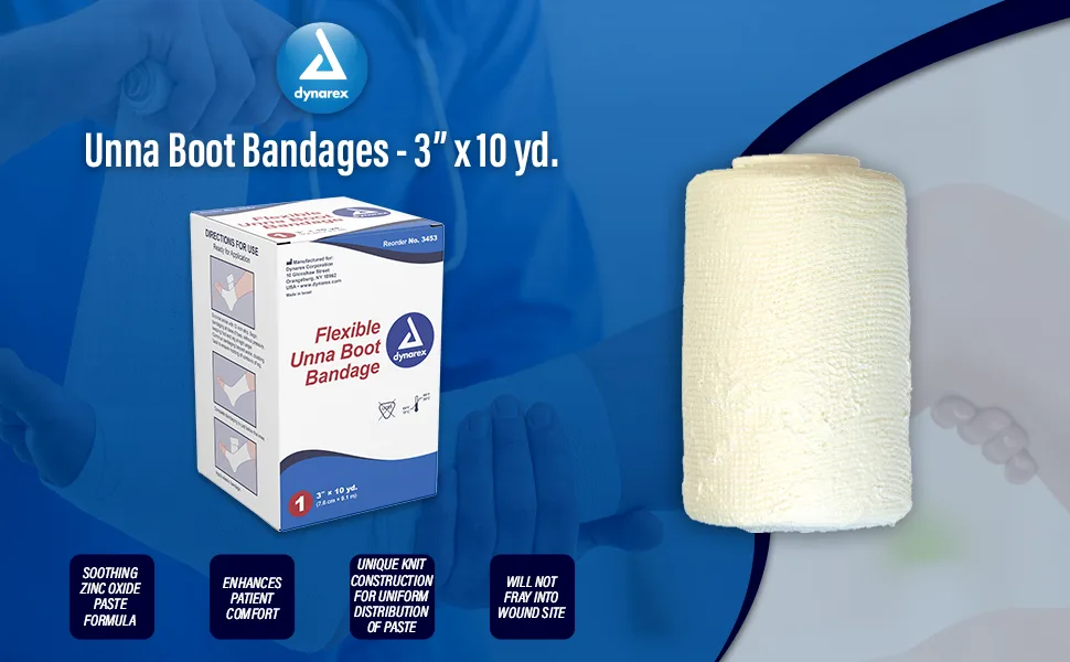 Dynarex Unna Boot Bandage Individually Packaged Provides Customized Compression as Treatment for Leg Ulcers with Zinc Oxide Soft Cast White 3 x 10 yds 1 Unna Boot Bandage - boot wrap unna boot una boot wrap wrap boot unnas boot flexible unna boot venous ulcer