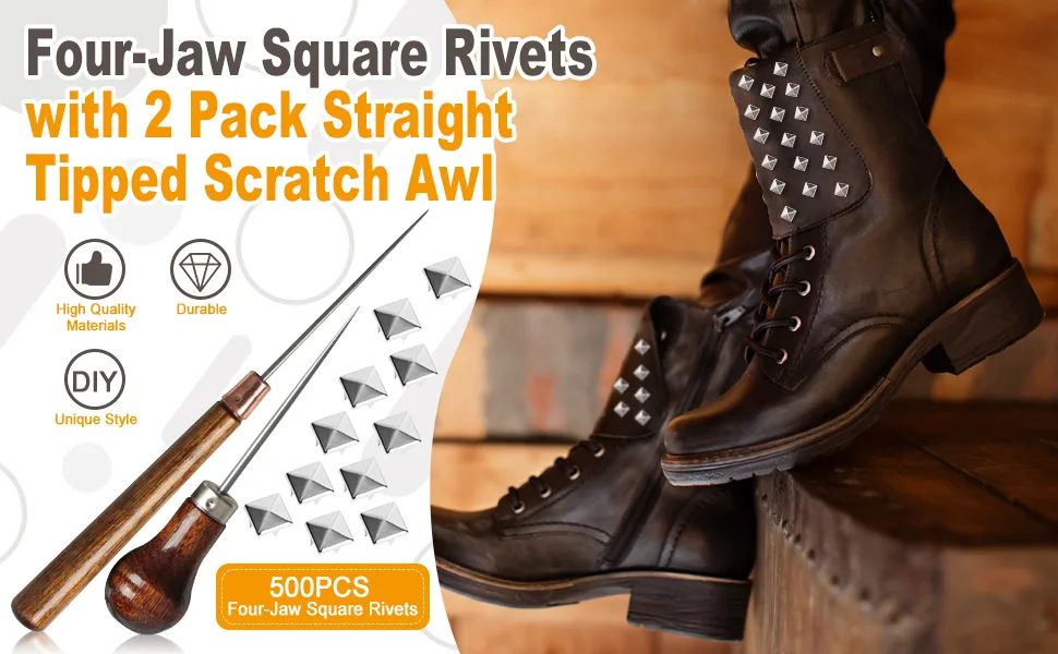 SBYURE 500 Pieces 10mm Four-Jaw Square Rivets Silver Metal Pyramid Studs Handicraft DIY Punk Spikes Spots Studs Accessories with 2 Pack Straight Tipped Scratch Awl Craft Tool - m209.1