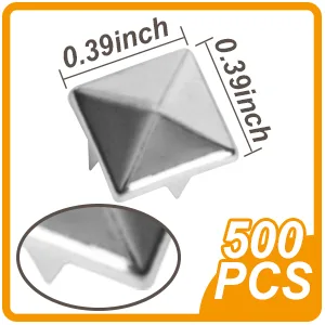 SBYURE 500 Pieces 10mm Four-Jaw Square Rivets Silver Metal Pyramid Studs Handicraft DIY Punk Spikes Spots Studs Accessories with 2 Pack Straight Tipped Scratch Awl Craft Tool - m209.5