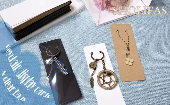 SHOLIFAS 120 Set Keychain Display Card with Self-Sealing Bags Keychain Packaging Keyring Jewelry Holder Display (Brown) - black keyring display cards