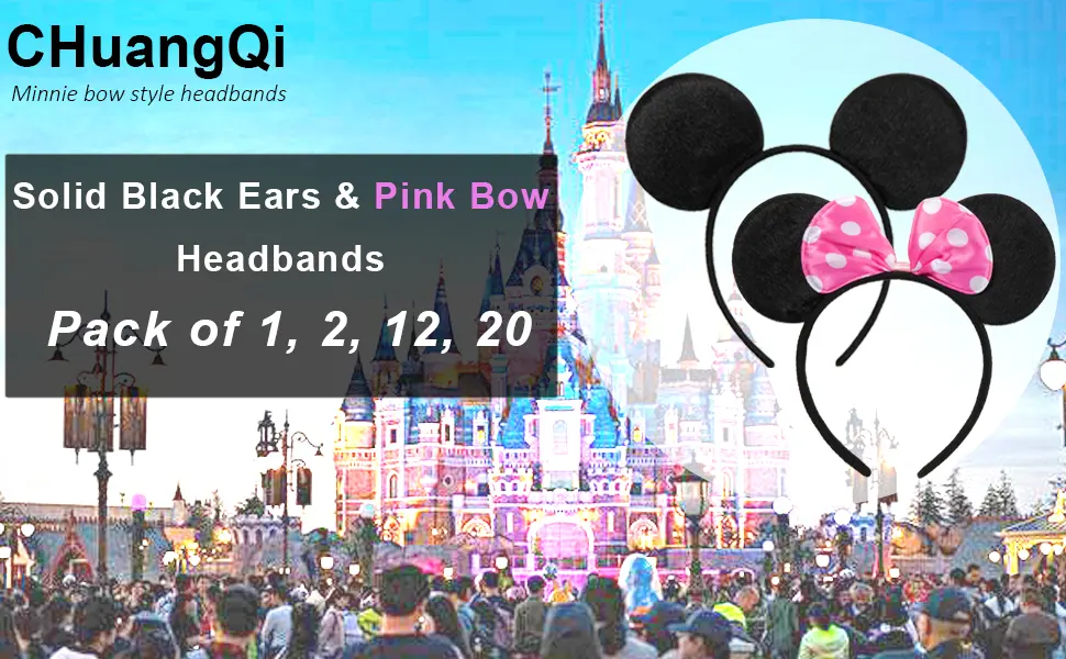 CHuangQi Mouse Ears Solid Black and Pink Bow Headband for Boys & Girls Birthday Party Pack of 12 - product information 1