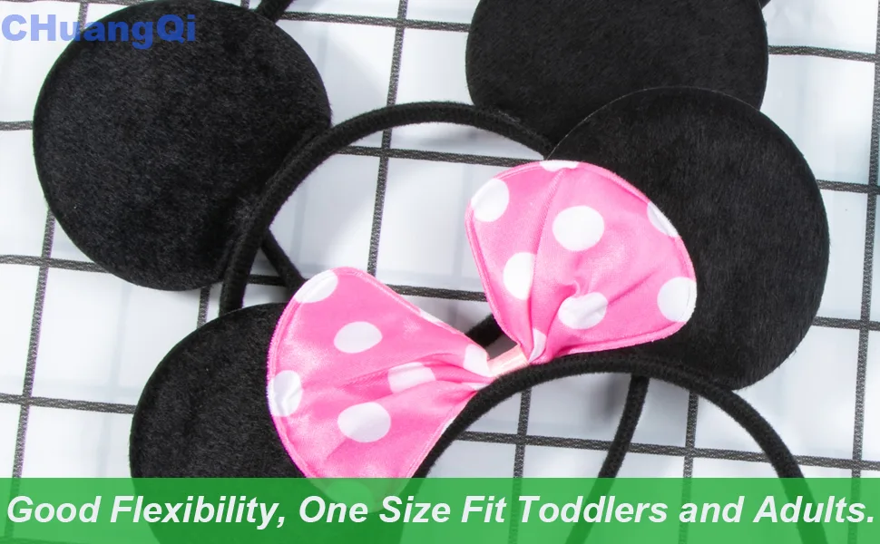 CHuangQi Mouse Ears Solid Black and Pink Bow Headband for Boys & Girls Birthday Party Pack of 12 - product information 2