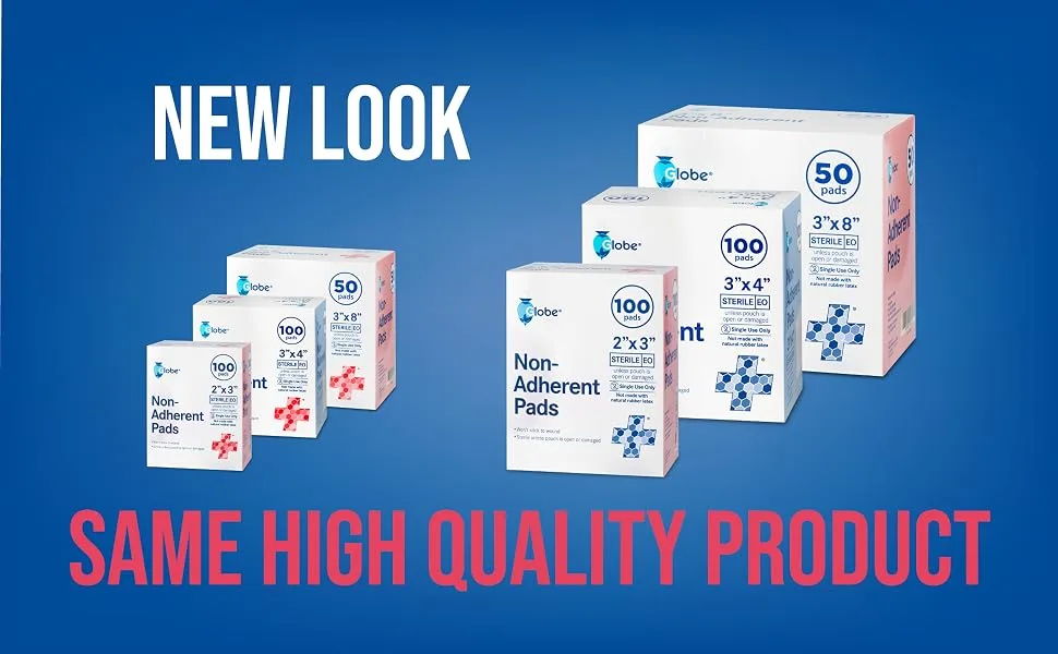 Globe Advanced Sterile Non-Adherent Pads| 100-Pack 3 x 4 | Non-Adhesive Wound Dressing| Highly Absorbent & Non-Stick Painless Removal-Switch| Individually Wrapped for Extra Protection (3 x 4) 3 x 4 - globe gauze pads