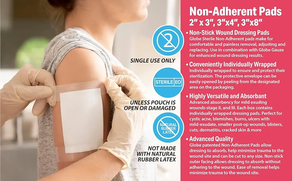 Globe Advanced Sterile Non-Adherent Pads| 100-Pack 3 x 4 | Non-Adhesive Wound Dressing| Highly Absorbent & Non-Stick Painless Removal-Switch| Individually Wrapped for Extra Protection (3 x 4) 3 x 4 - Globe Non Adherent Pads