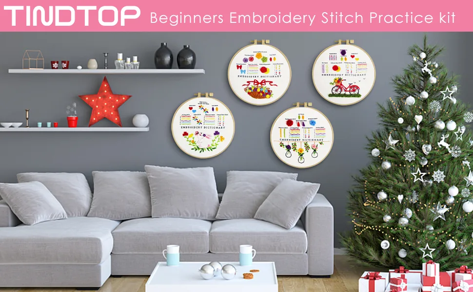 TINDTOP Embroidery Kit for Beginners 4 Pack Cross Stitch Practice Kits for Beginners Include Embroidery Cloth Hoops Threads for Craft Lover Hand Stitch with Embroidery Skill Techniques Beginners Embroidery - Beginners embroidery kit