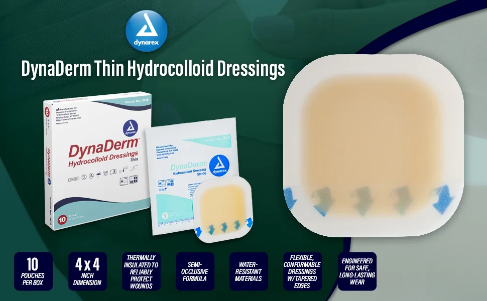 Dynarex Dynaderm Hydrocolloid Dressing Thin 4 x 4 Inch/10 Count 4 X 4 Inch/10 Count 1 - dynaderm hydrocolloid dressing sterile bandage hydrcolloid bandages dynarex dressing large patch